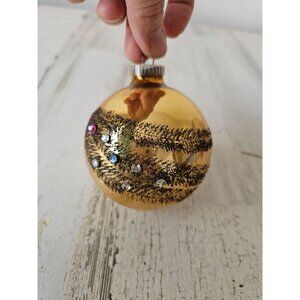 Vintage Austria beaded flocked gold glitter ball‎ ornament mercury Xmas tree